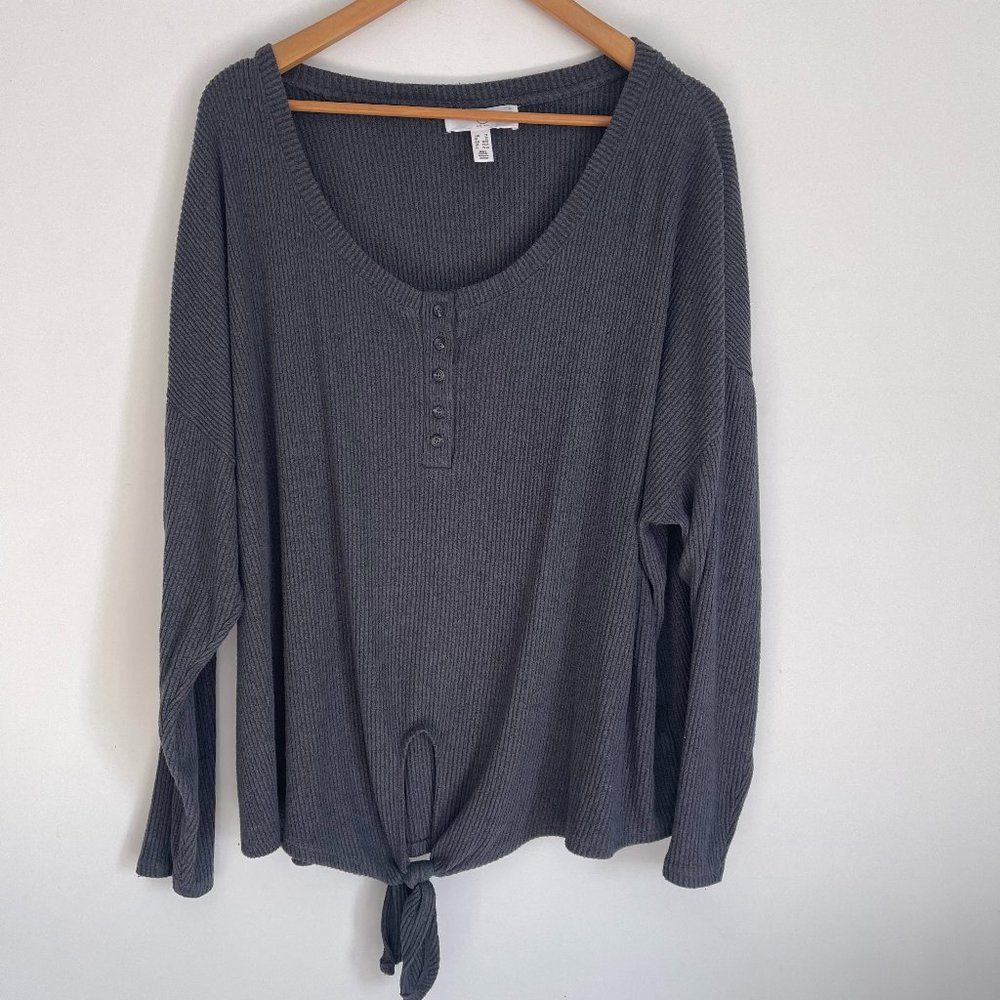 A MTL Woman Gray Henley Neck Long Sleeve Front Hem Knot Hi Low Pullover Size 2X